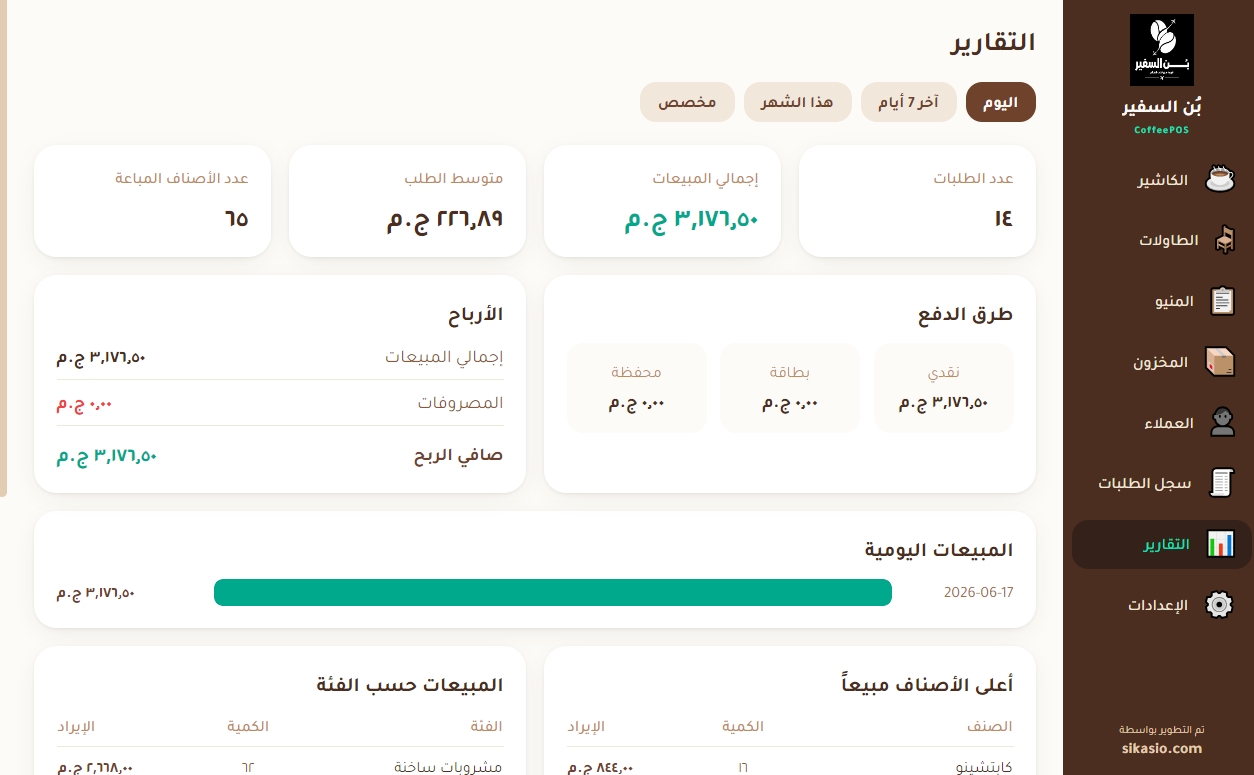 شاشة التقارير والمبيعات في CoffeePOS
