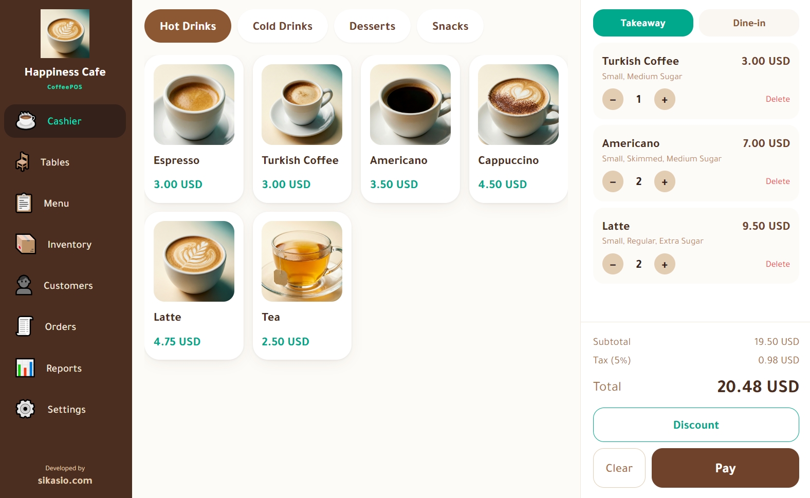 The CoffeePOS cashier screen